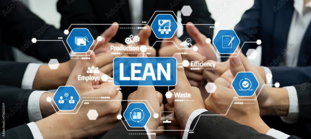 Poster collaborative lean management: teams uniting for efficiency and productivity with focus on waste red