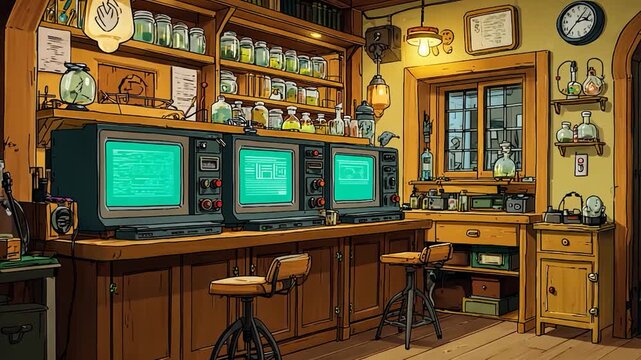 Retro lab with computers, shelves, and potion bottles