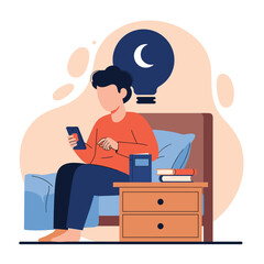 Fototapeta premium Man sitting on bed using smartphone at night with light bulb idea symbol.