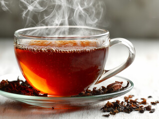 Fototapeta premium cup of hot tea with steam on white background