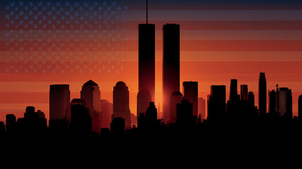 Silhouette of the New York skyline with Twin Towers against the sunset with USA flag. September 11, 2001. American Patriot Day banner. We will never forget