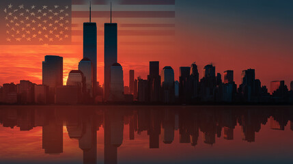 Silhouette of the New York skyline with Twin Towers against the sunset with USA flag. September 11, 2001. American Patriot Day banner. We will never forget