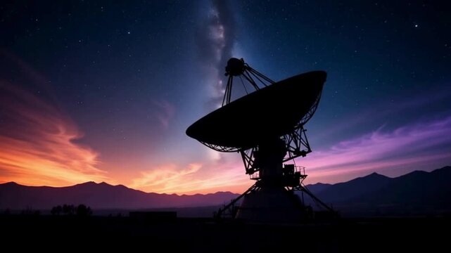 Satellite dish silhouette against cosmic horizon timelapse background