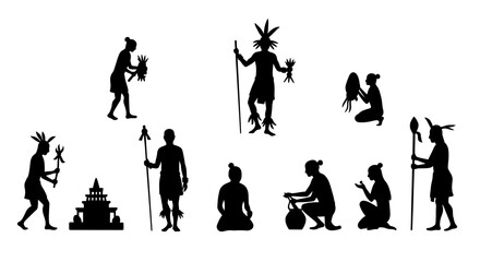 Ancient ritual silhouettes set: tribal figures and cultural symbols