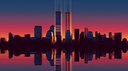 Silhouette of the New York skyline with Twin Towers against the sunset with USA flag. September 11, 2001. American Patriot Day banner. We will never forget