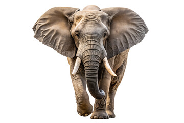Majestic African elephant walking forward towards the camera, a powerful and traditional symbol of the wild, isolated on a clean white background