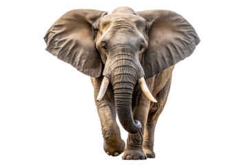 Majestic African elephant walking forward towards the camera, a powerful and traditional symbol of the wild, isolated on a clean white background