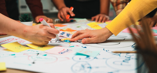 A dynamic scene captures a diverse group engaged in a brainstorming session, showcasing creativity and teamwork as they use colorful sticky notes and markers on a large paper layout. SACTR