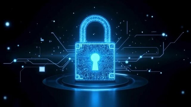 Futuristic holographic lock symbol with circuit patterns seamless loop