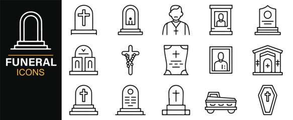 Religion and funeral icons set with church, tombstone, and memorial frame designs
