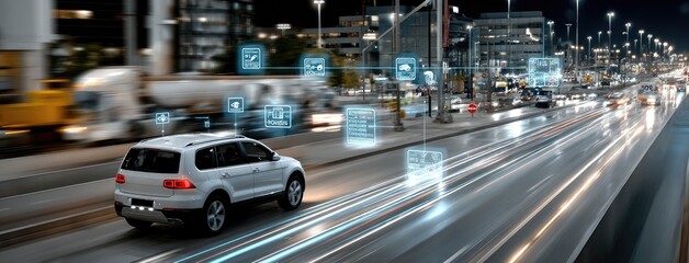 Obraz premium Futuristic self-driving car shows cutting-edge technology as it drives on the highway while monitoring surrounding vehicles with precision