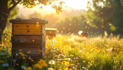 Bees buzzing around beehives in a sunlit meadow