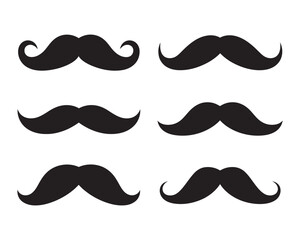 A curated collection of six distinct black mustache styles, presented as clean vector illustrations for graphic design, character development, and vintage-themed projects