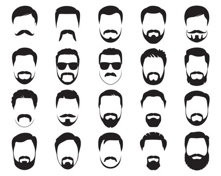 Set of various male haircuts and facial hair styles. Black silhouette icons of beards and mustaches for barbershop design. d.eps vector graphics