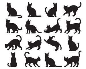 Black cat silhouette vector collection. An isolated set of domestic feline icons in various dynamic poses for creative design projects