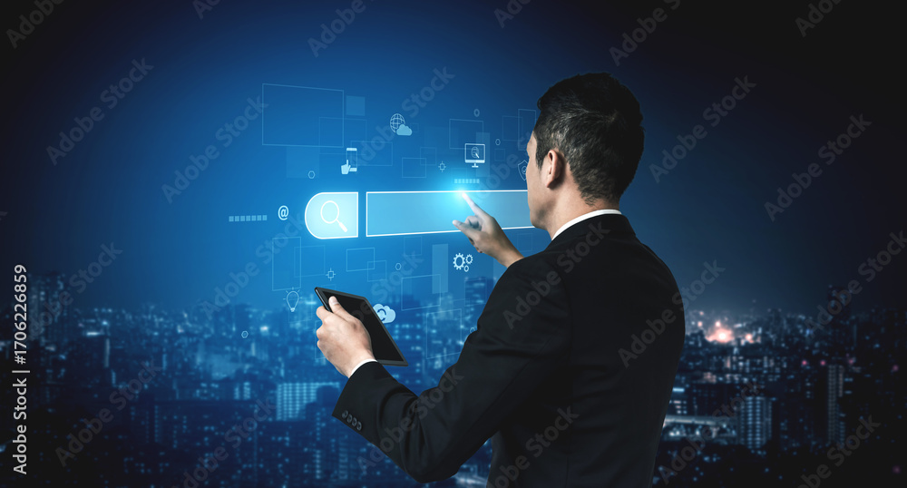 Poster search engine interface for accessing digital information and online data. search engine finds data,