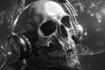 Un cráneo con auriculares, rodeado de notas musicales, simbolizando la música y la mortalidad.