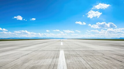 A large empty runway with a clear blue sky above