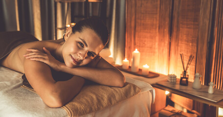 Caucasian woman customer enjoying relaxing anti-stress spa massage and pampering with beauty skin...