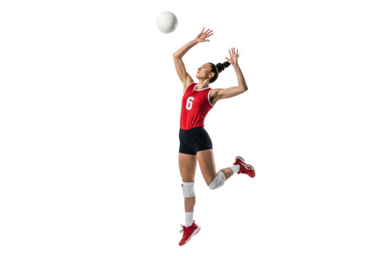 Young female athlete in red #6 jersey, jumping to strike volleyball on transparent background with copy space, intense focus, peak performance concept