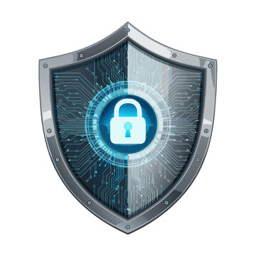 Digital shield with glowing padlock and circuit board symbolizes cybersecurity and data protection.
