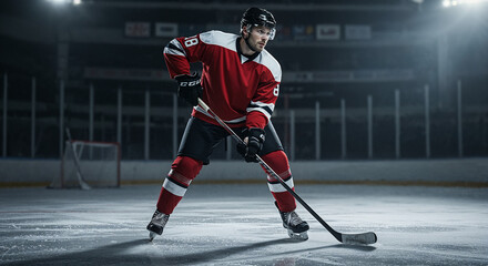 Intense close-up portrait of an ice hockey player on the rink