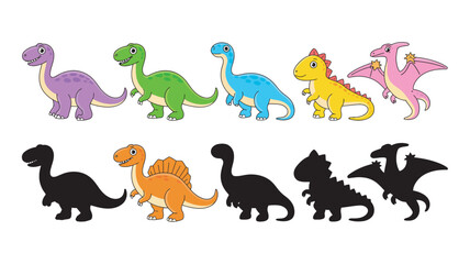 Obraz premium A collection of cute cartoon dinosaurs and their silhouettes. Educational matching game and visual puzzle for kids to find the correct shadow