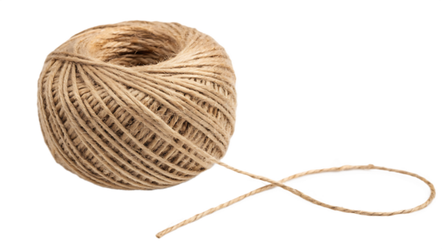 Close-up studio shot of a natural brown twine ball cut out on PNG, isolated on white. AI GENERATED.