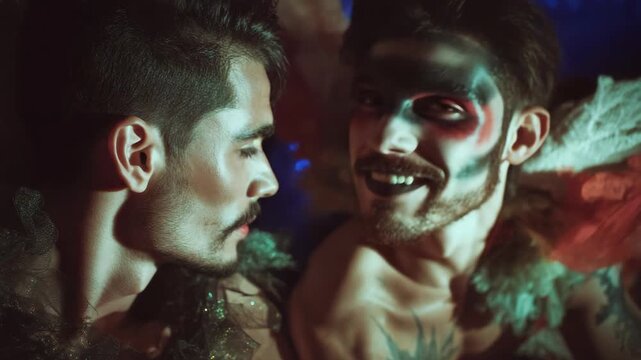 Gay couple in dark, artistic fantasy monster makeup for Halloween