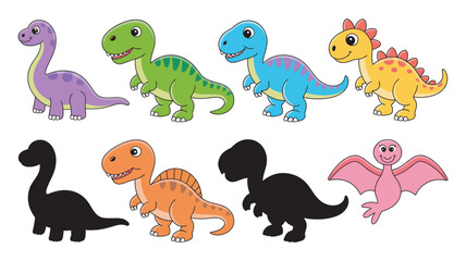 Naklejka premium Collection of cute cartoon dinosaurs and their shadows. Educational matching game for kids. Vector illustration set
