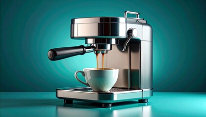 Sleek Espresso Machine with Coffee Pouring on Teal Background