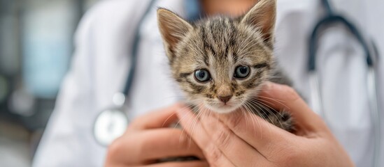 Cute Tabby Kitten in Vet's Hands at Animal Clinic for Care
