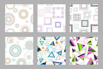Seamless pattern of geometric shapes. Bright seamless pattern. Set of 6 patterns.