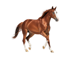 Majestic chestnut brown horse with white blaze and stockings, dynamically galloping on a transparent studio cyclorama with reflection and copy space, high-key lighting, concept of equine