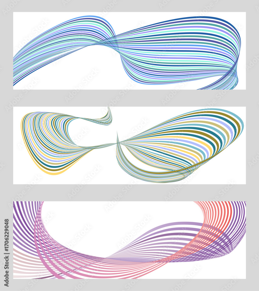 Aufkleber wavy lines or ribbons. set of 3 backgrounds. multicolored striped gradient. creative unusual backgro