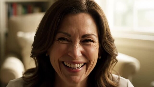 Joyful portrait of a smiling middle-aged woman laughing with pure happiness Authentic close-up of a cheerful woman expressing genuine joy indoors