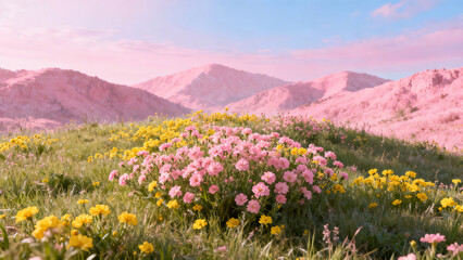 Fototapeta premium Idyllic Pink and Yellow Flower Landscape with Mountains