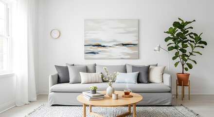 3D image Modern Minimalist Living Room with Light Gray Sofa, Abstract Wall Art, Green Plant, Wooden Coffee Table, and Natural Lighting.