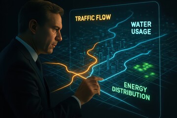 Man analyzing complex data on a futuristic digital display