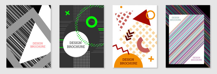 Bright background in Memphis style. Set of 4 geometric cover designs. Fashionable bright cover, banner, poster, booklet. Bright colors
