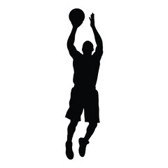 Dynamic silhouette of a basketball player in mid-air shooting a ball silhouette