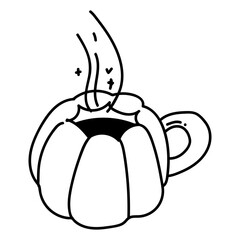 Single hand drawn cup of pumpkin coffee, chocolate, cocoa or cappuccino. Doodle vector illustration for seasonal autumn, fall design.
