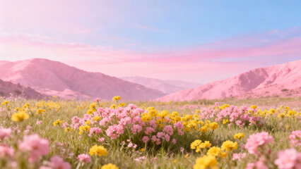 Fototapeta premium Idyllic Pink and Yellow Flower Landscape with Mountains