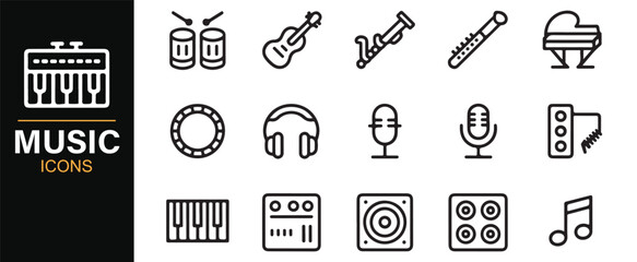 Editable thin stroke music icons set with audio, performance, and recording tools