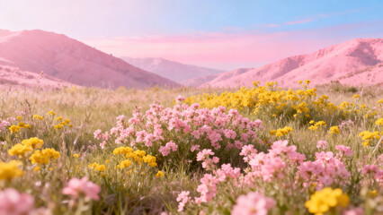 Fototapeta premium Idyllic Pink and Yellow Flower Landscape with Mountains