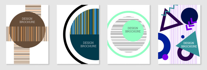 Bright background in Memphis style. Set of 4 geometric cover designs. Fashionable bright cover, banner, poster, booklet. Bright colors