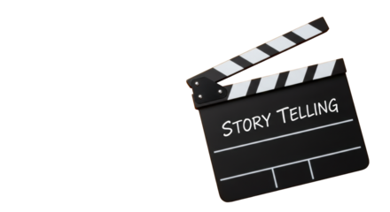 A classic matte black film clapperboard with "Story Telling" in white handwritten font, bottom right on vibrant orange with soft studio light and copy space, concept of storytelling