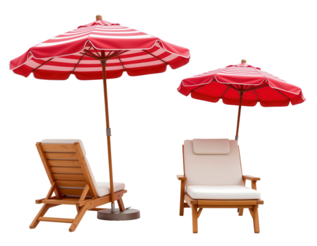 Red and White Striped Umbrellas with Wooden Loungers by the Poolside