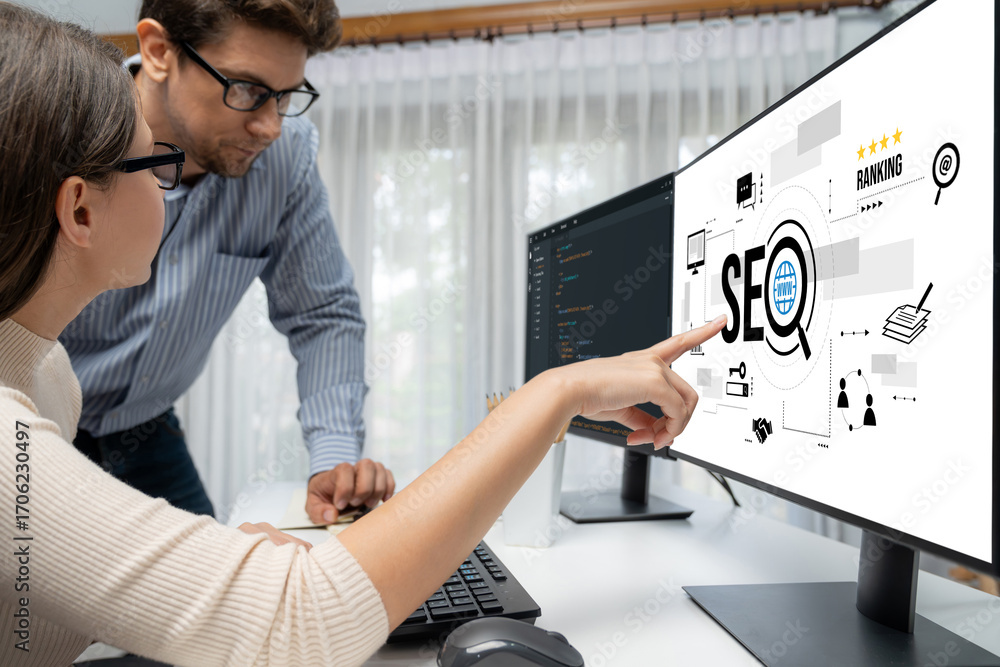 Poster seo search engine optimization for brisk e-commerce and online retail business showing on computer s
