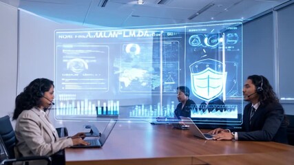 Innovative business team collaborating using futuristic digital interface during corporate - Powered by Adobe